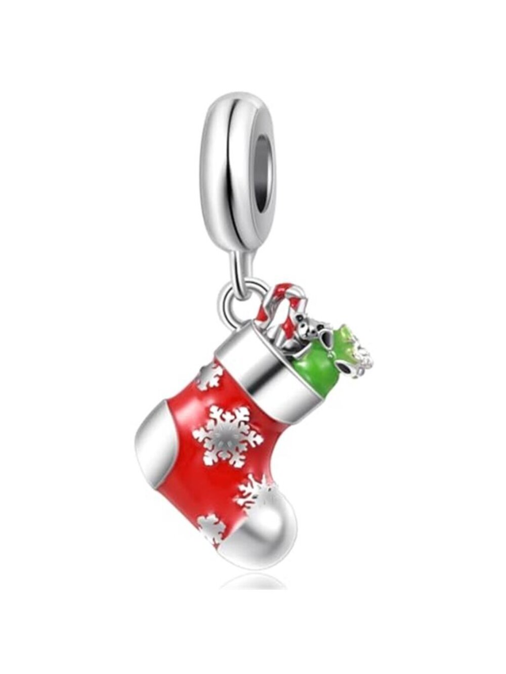 Christmas Stocking Charm Red Enamel CZ Bead Bracelet Pendant Holiday Gift
